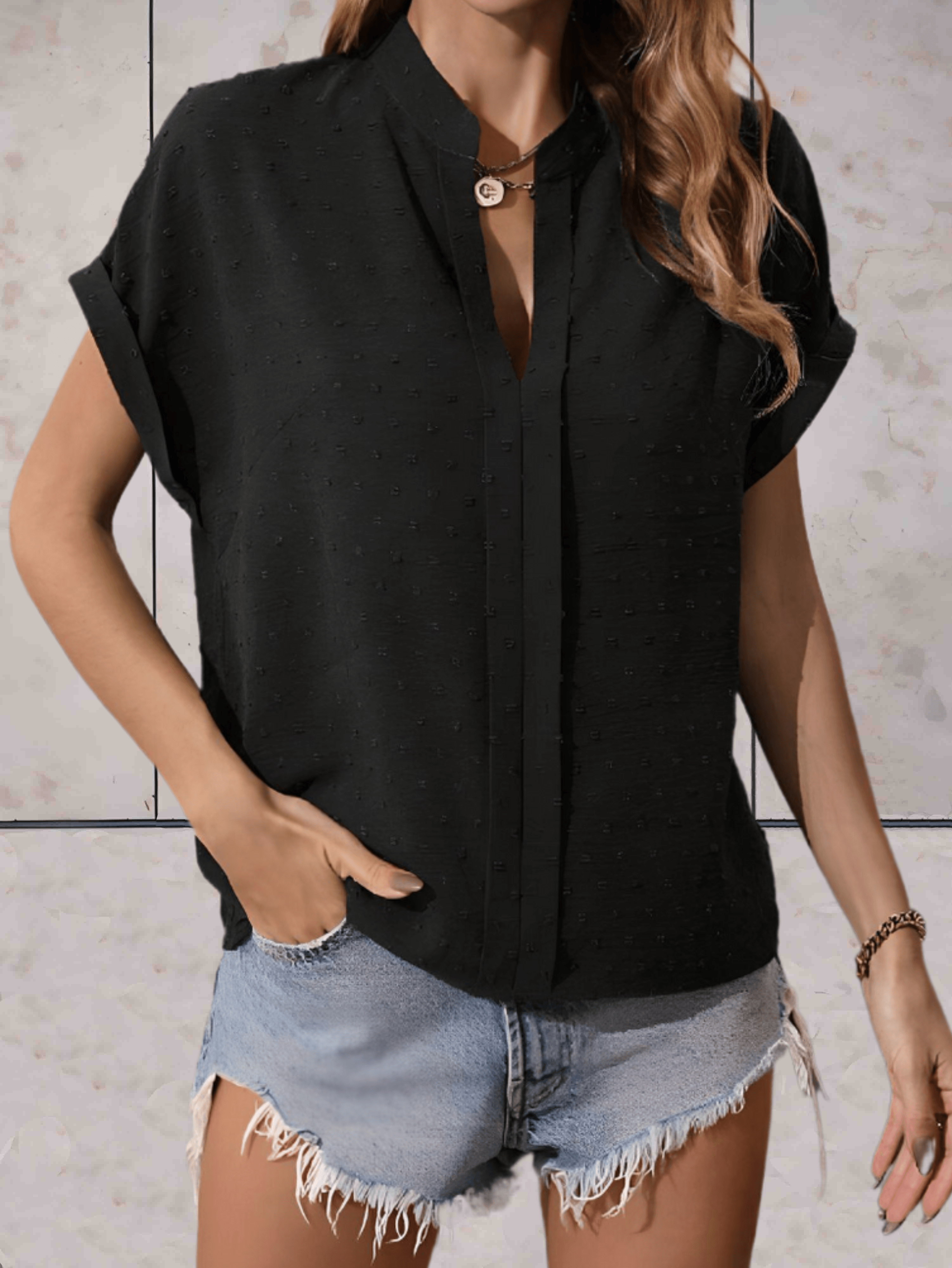 Sabrina - basic effen top met korte mouwen en geplooide details op de mouwen, geplooide voering middenvoor - Sky-Sense