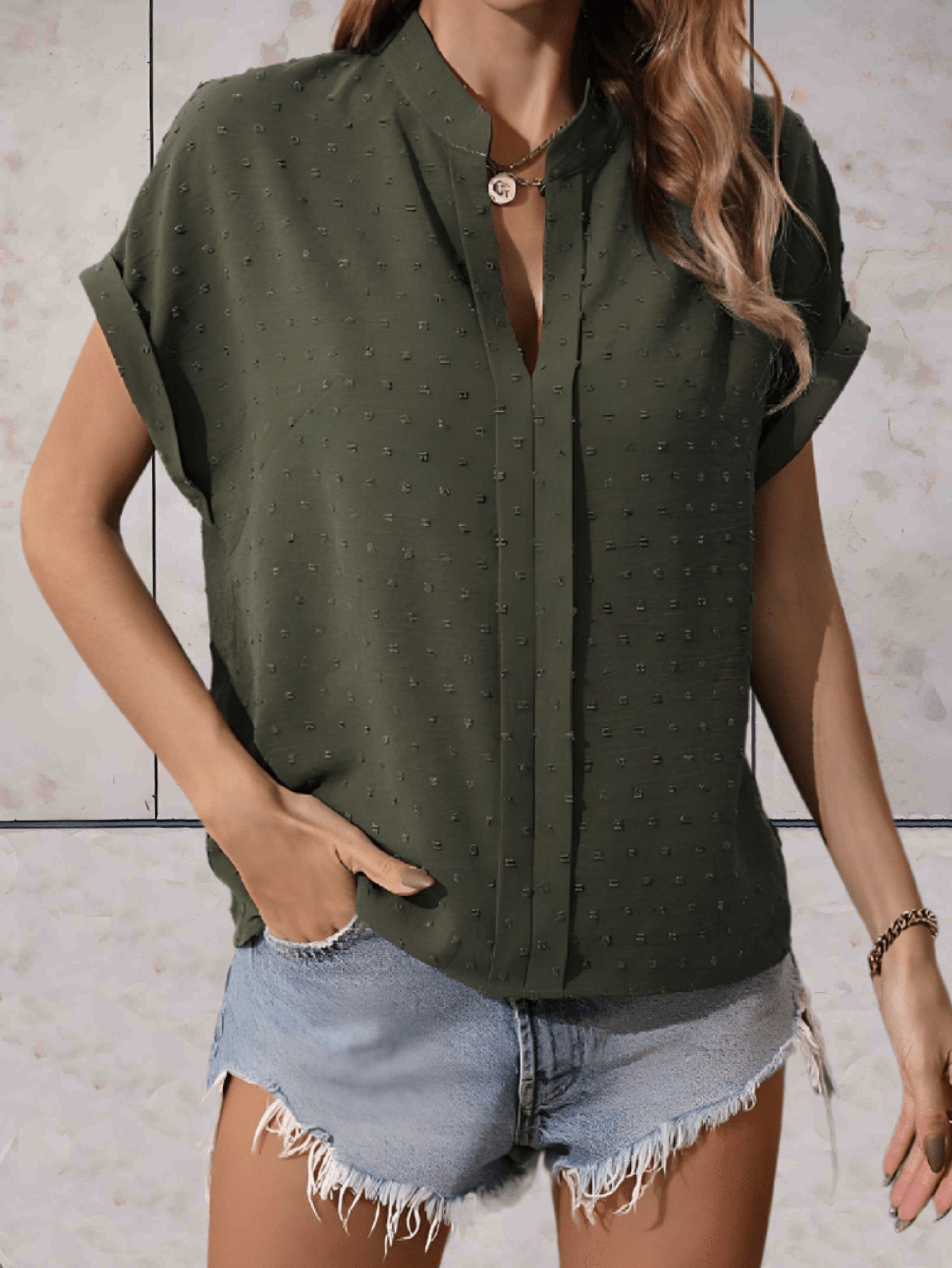 Sabrina - basic effen top met korte mouwen en geplooide details op de mouwen, geplooide voering middenvoor - Sky-Sense