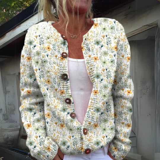 Warm gebreide vest met bloemenprint en grote knopen