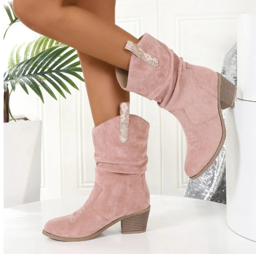 roze leren dames cowboylaarzen met ronde neus