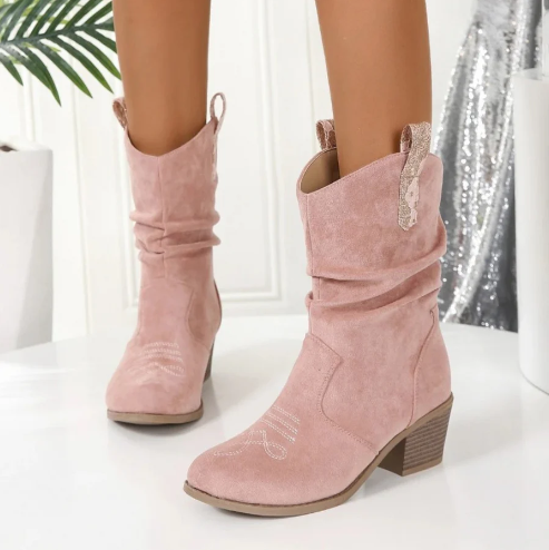 roze leren dames cowboylaarzen met ronde neus