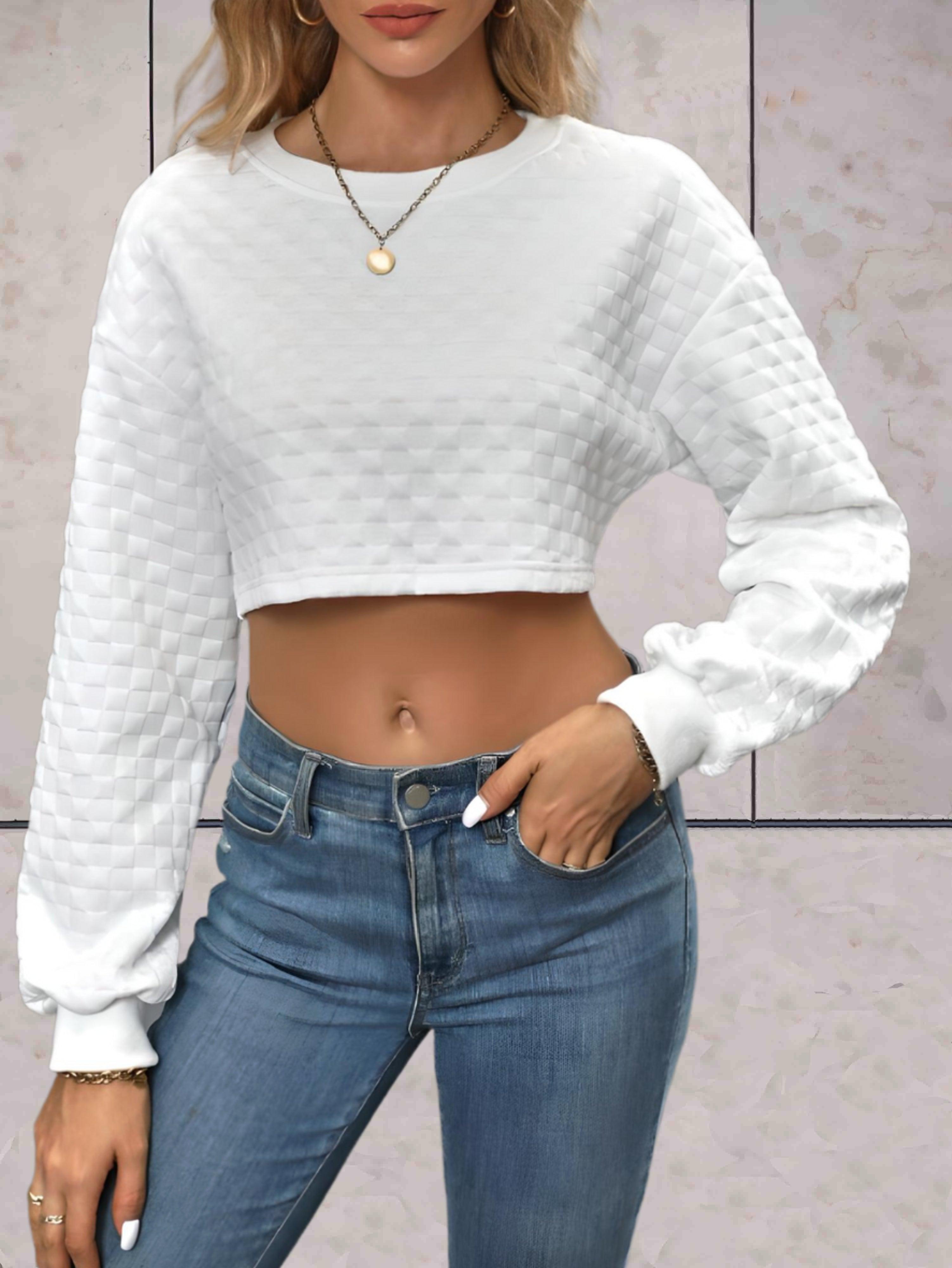 Henley - Witte oversized cropped sweater met ruitmotief in reliëf - Sky-Sense