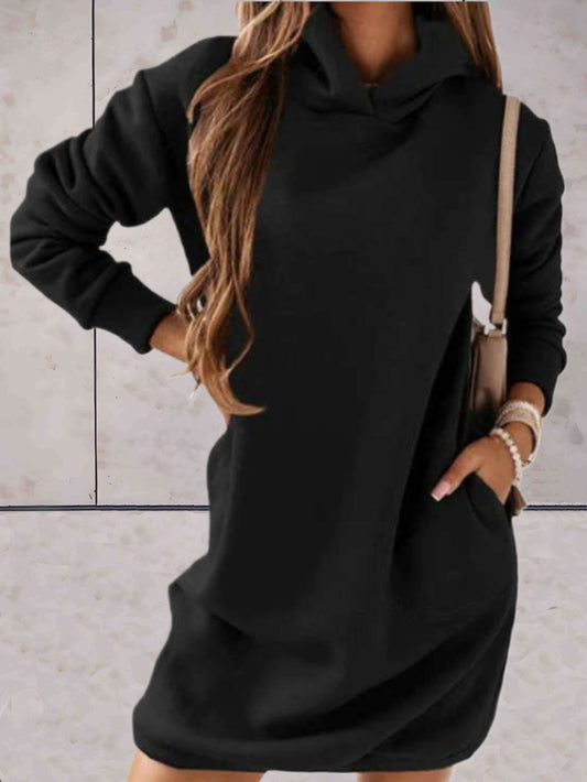 Agata - eenvoudige hoodie korte jurk met lange mouwen en zakken in effen kleur