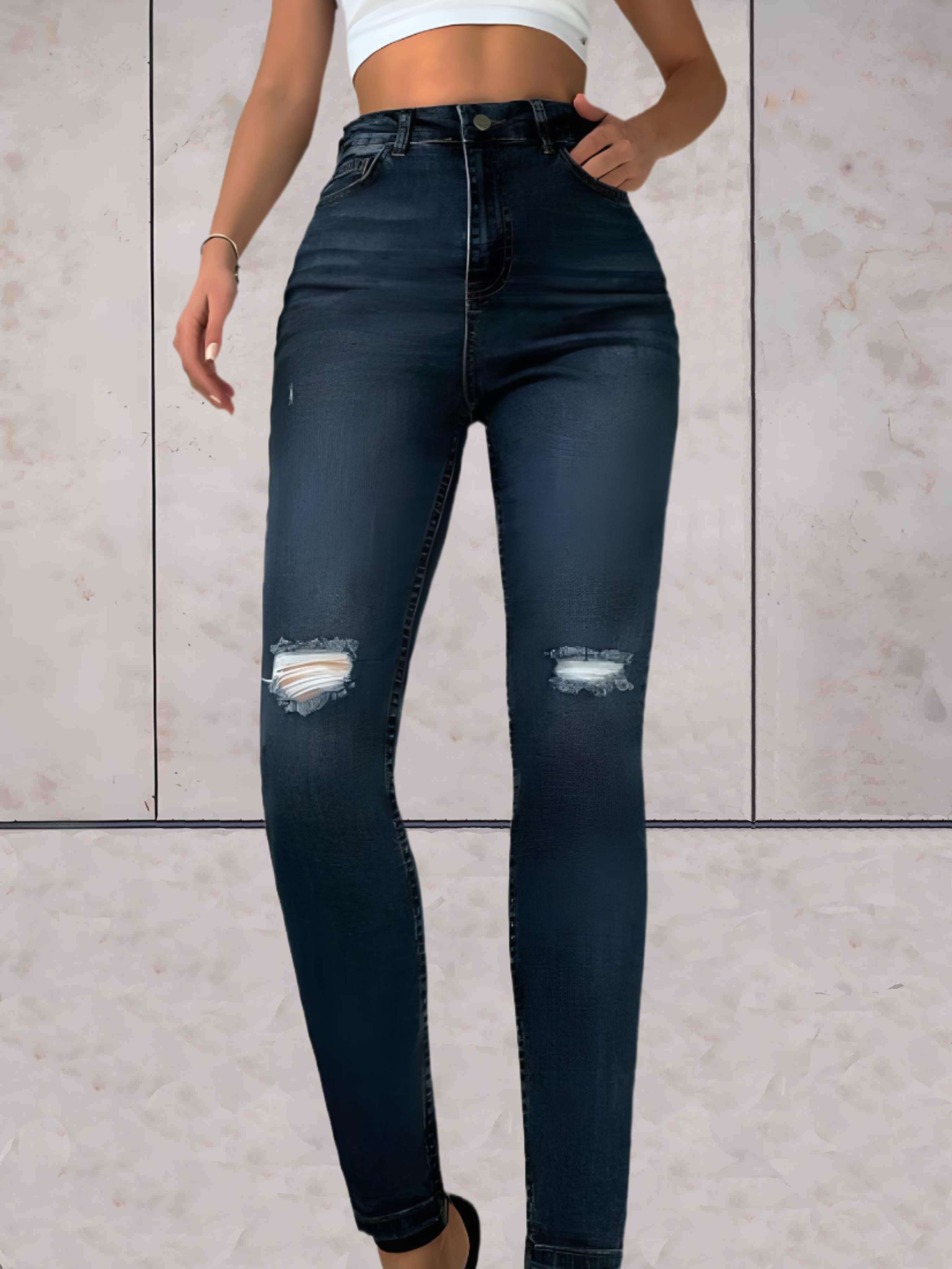 Astoria -  Nauwsluitende jeans met hoge taille en gescheurd ontwerp op de knieën