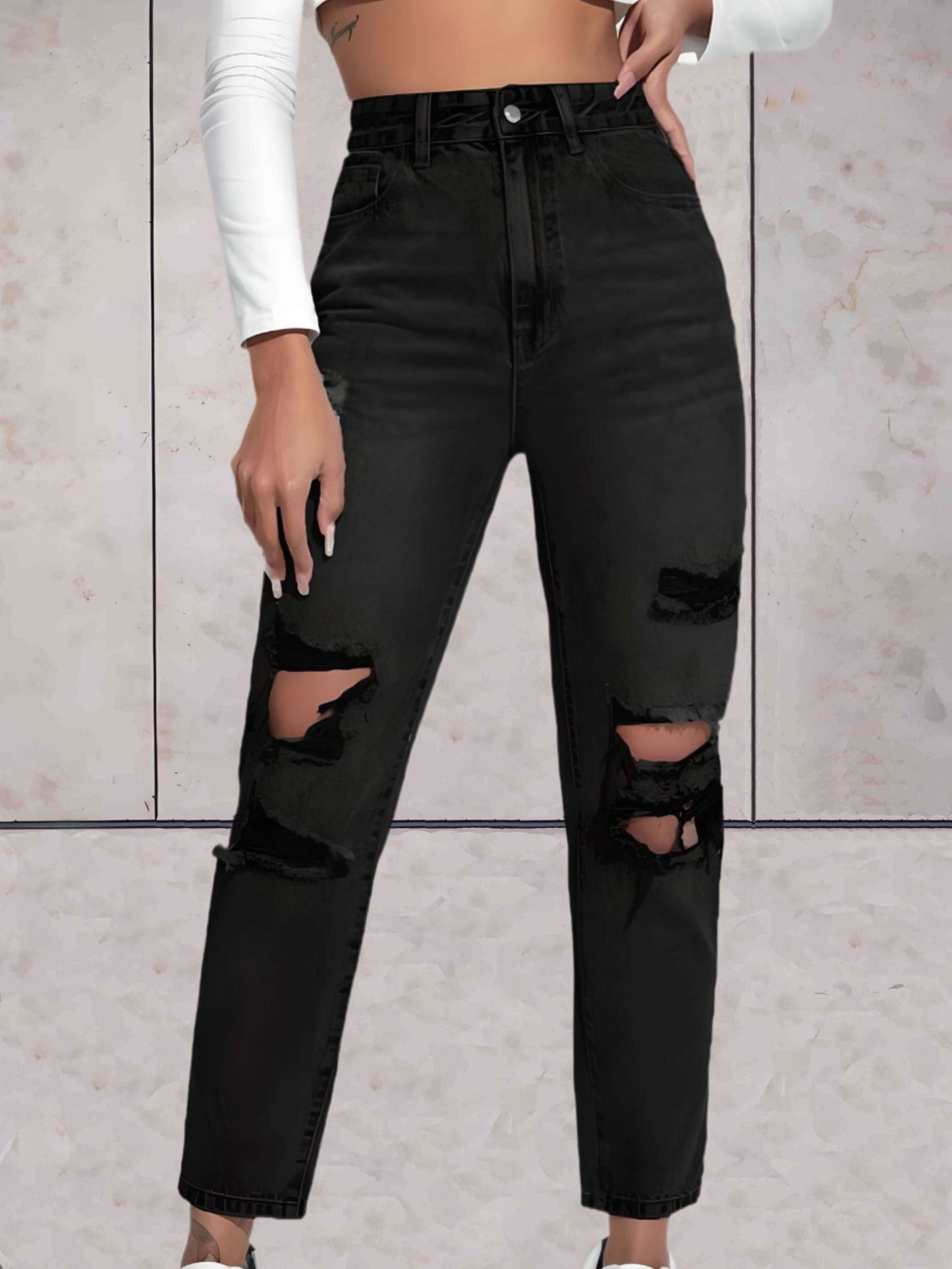 Axel -  Denim jeans met hoge taille en meerdere gescheurde ontwerpen
