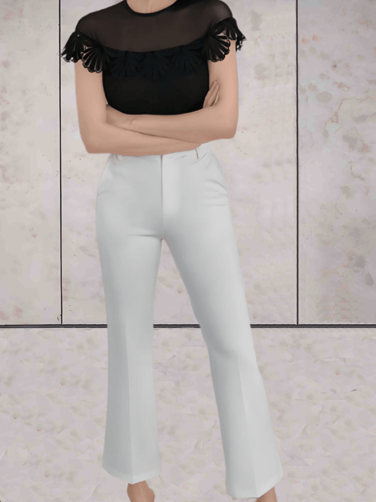 Trisha - stijlvolle formele strakke witte broek met hoge taille, zakken en een broek met wijde pijpen - Sky-Sense