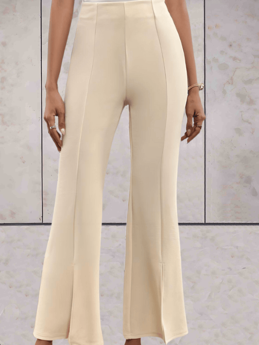 Tanya - stijlvolle comfortabele aansluitende broek met hoge taille, wijde pijpen en voering in crèmekleur - Sky-Sense