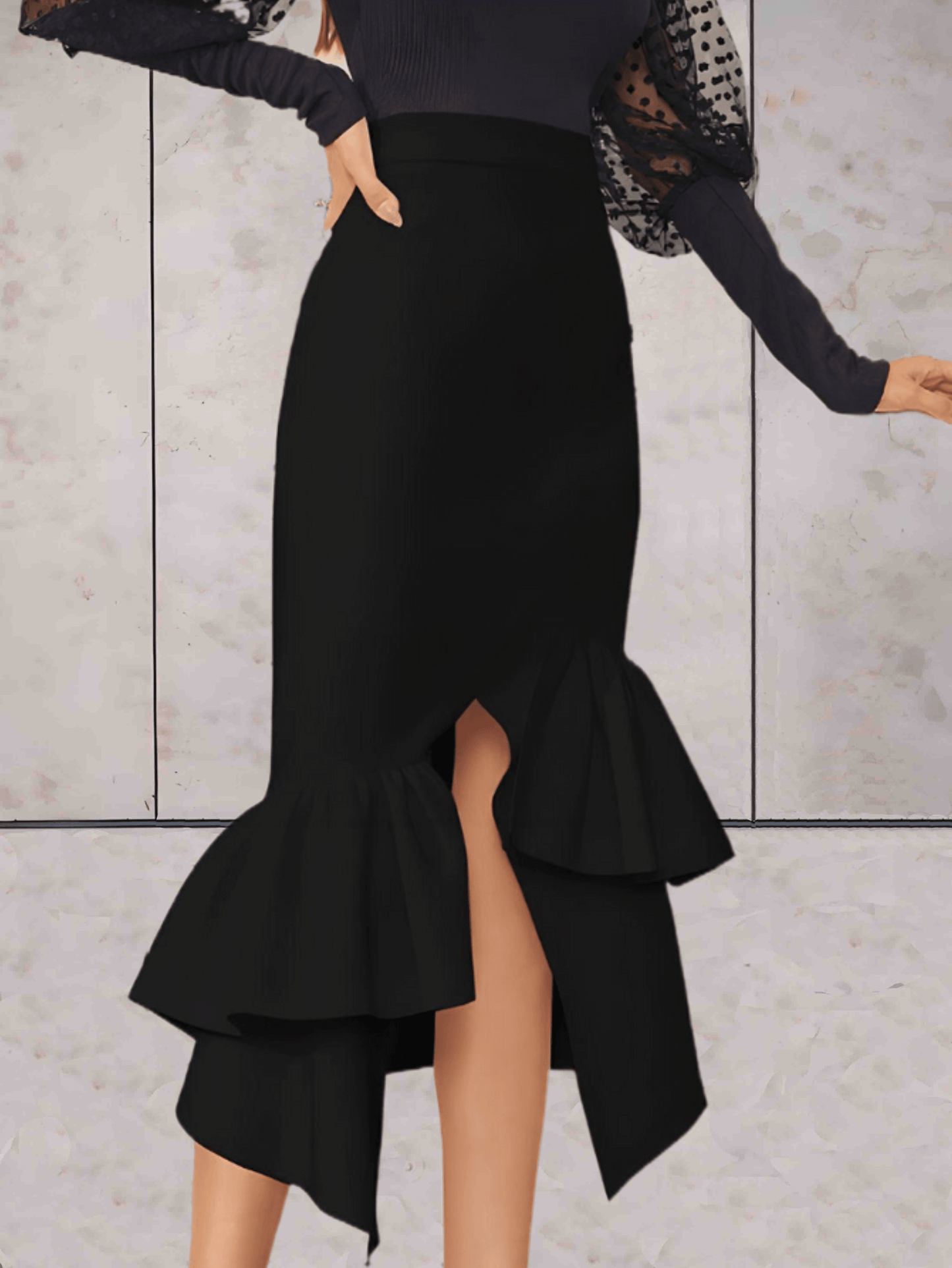 Trixie - Zwarte rok met hoge taille, vloeiend, gelaagd en met ruches aan de onderkant - Sky-Sense