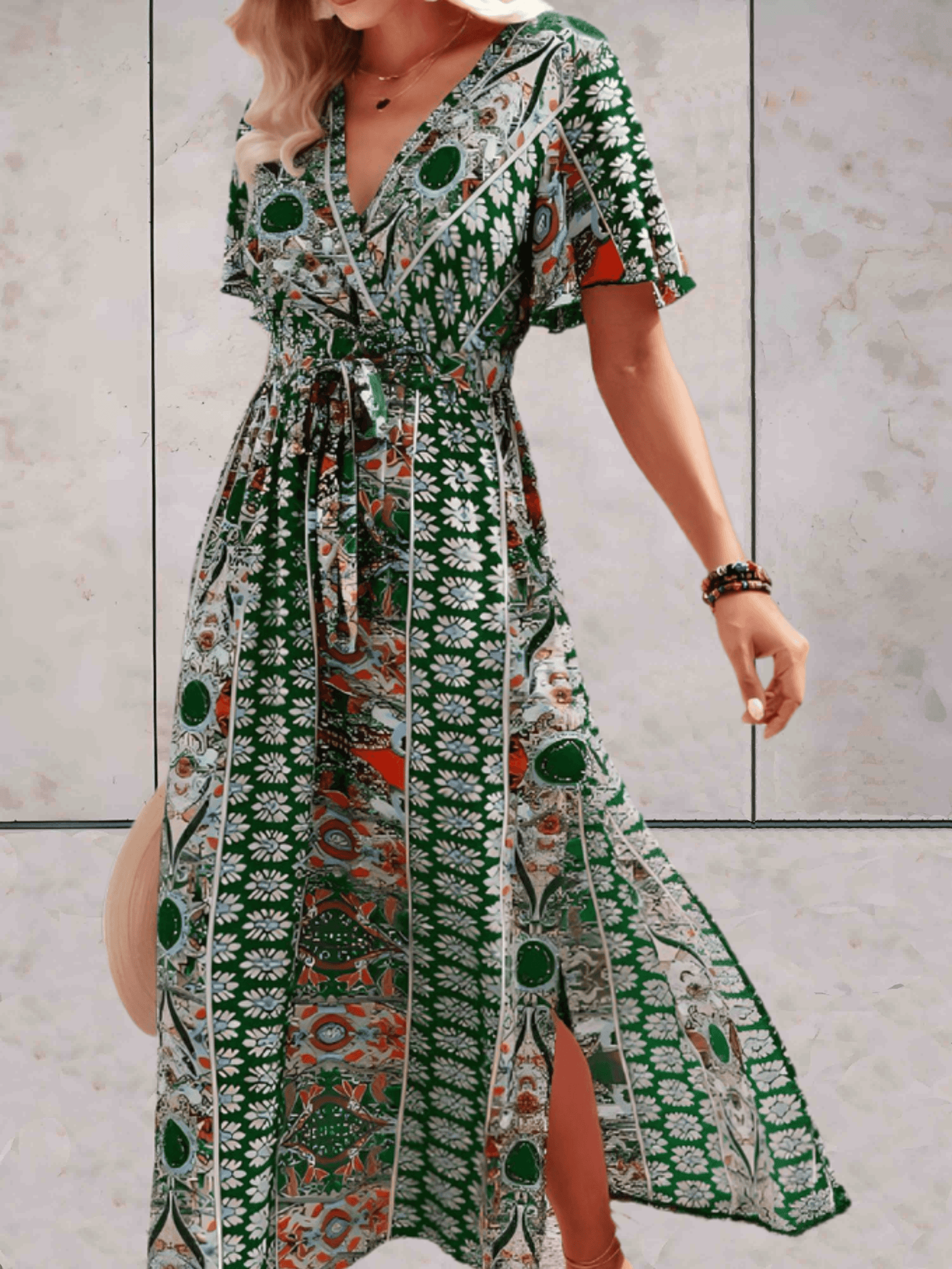 Tyronia - Lange jurk met korte mouwen, lage v-uitsnijding, strikband in het midden, hoge split aan de zijkant en een dessinopdruk - Sky-Sense