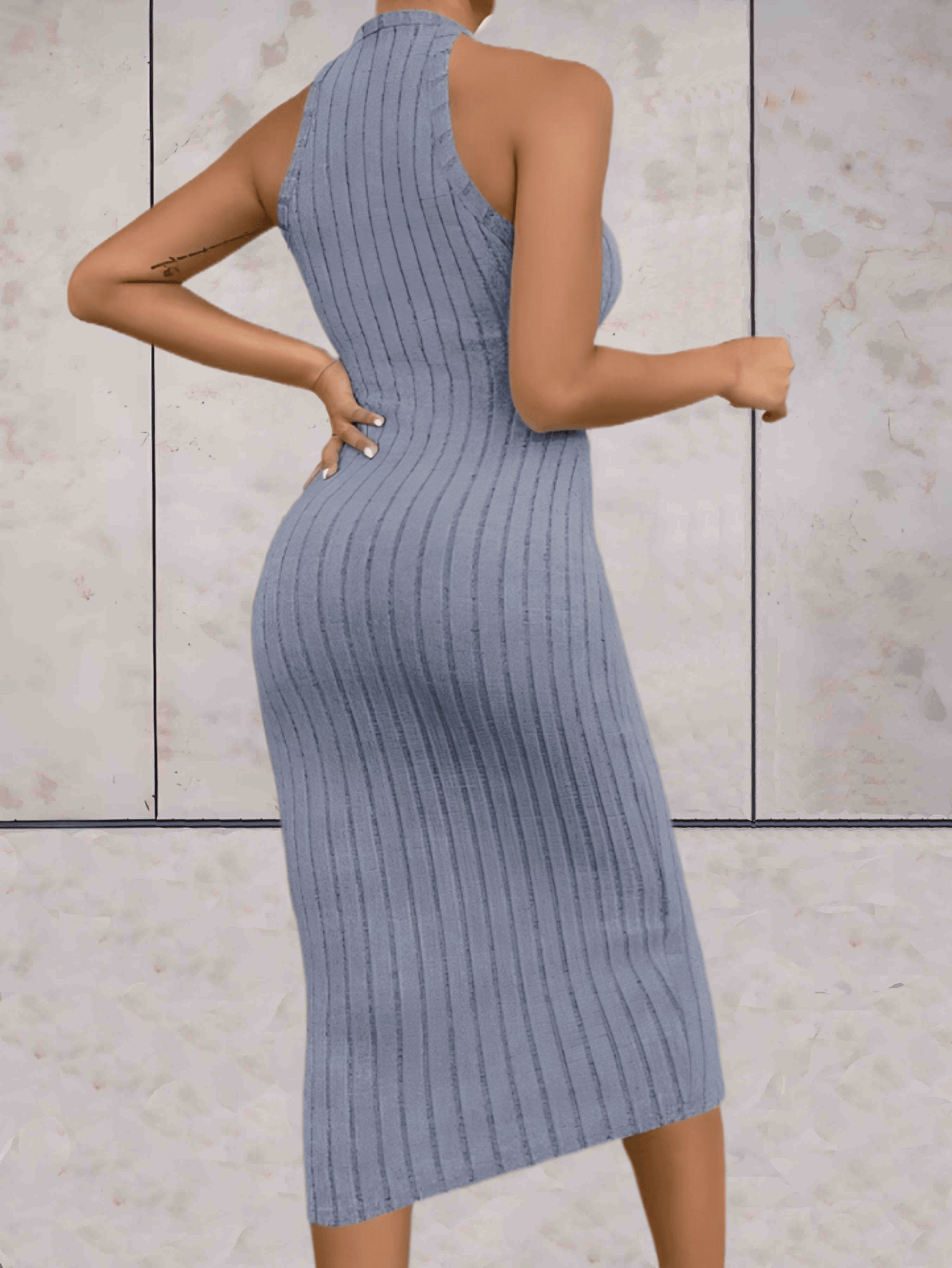 Yanie - Slanke lange jurk ronde hals, mouwloos met geribd reliëfontwerp - Sky-Sense