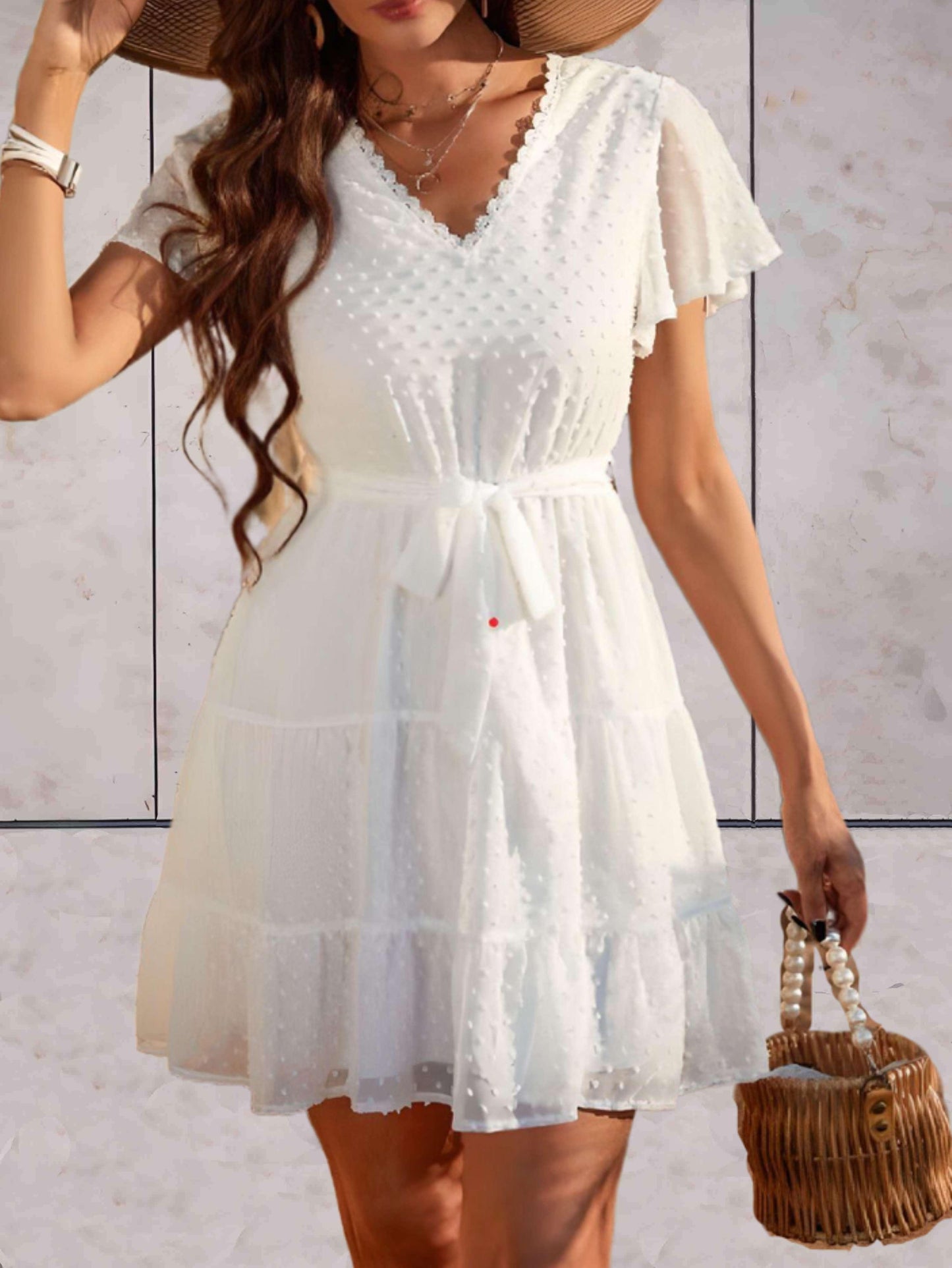 Devonne - Casual jurk met korte mouwen en strik in wit - Sky-Sense