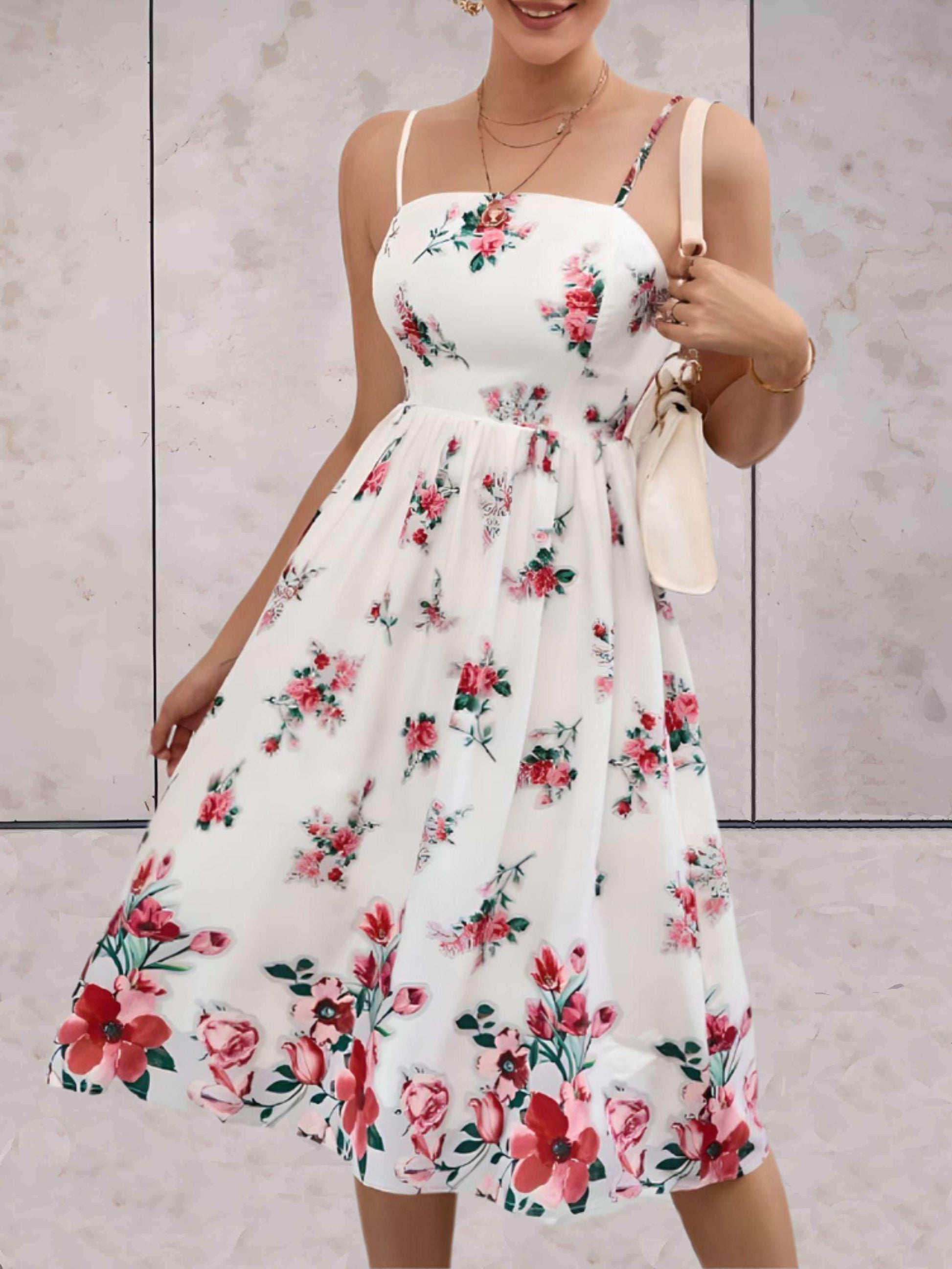 Alies - Wijde bloemen jurk met schouder straps in wit - Sky-Sense
