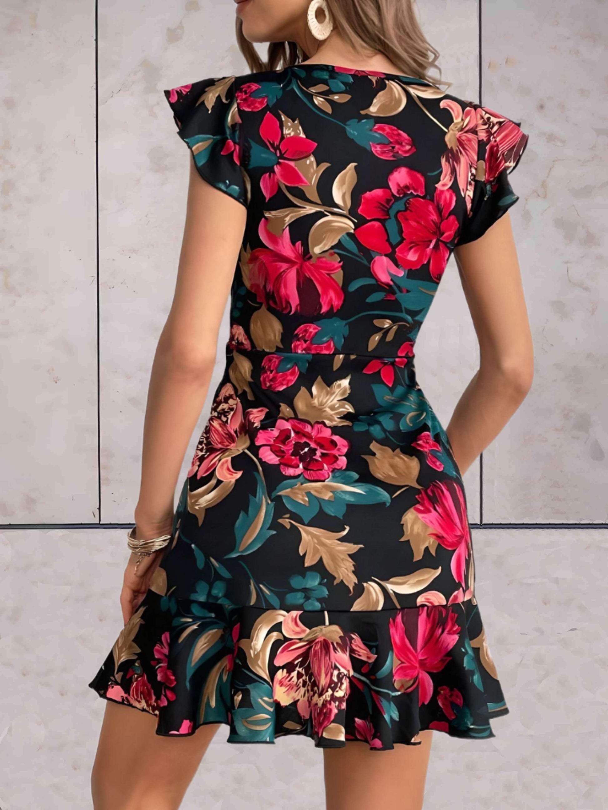 Ramona - stijlvolle gebloemde jurk met korte mouwen en ruches aan de mouwen en onderkant - Sky-Sense