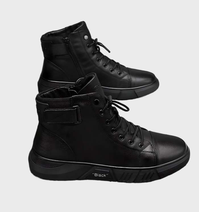 Lawrence - modieuze hoge zwarte leren sneakers met platte zolen voor heren, met rits en koordsluiting
