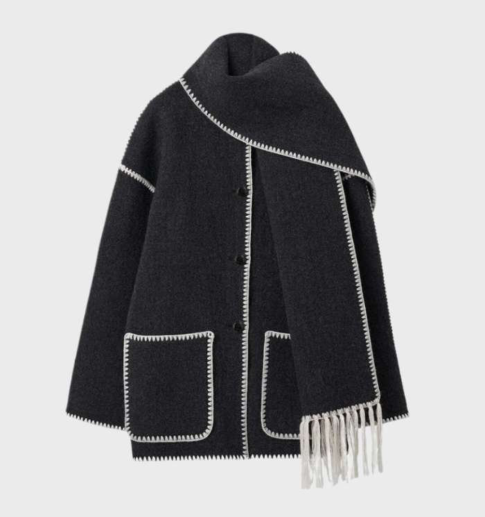 Leslie - elegante oversized jas met sjaal, losse zakken en knoopsluiting