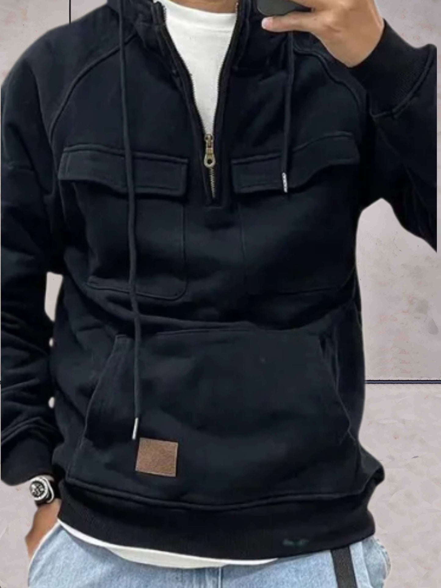 Brian - hoodie in vintage stijl met lange mouwen, halve ritssluiting, meerdere zakken en verstelbaar trekkoord