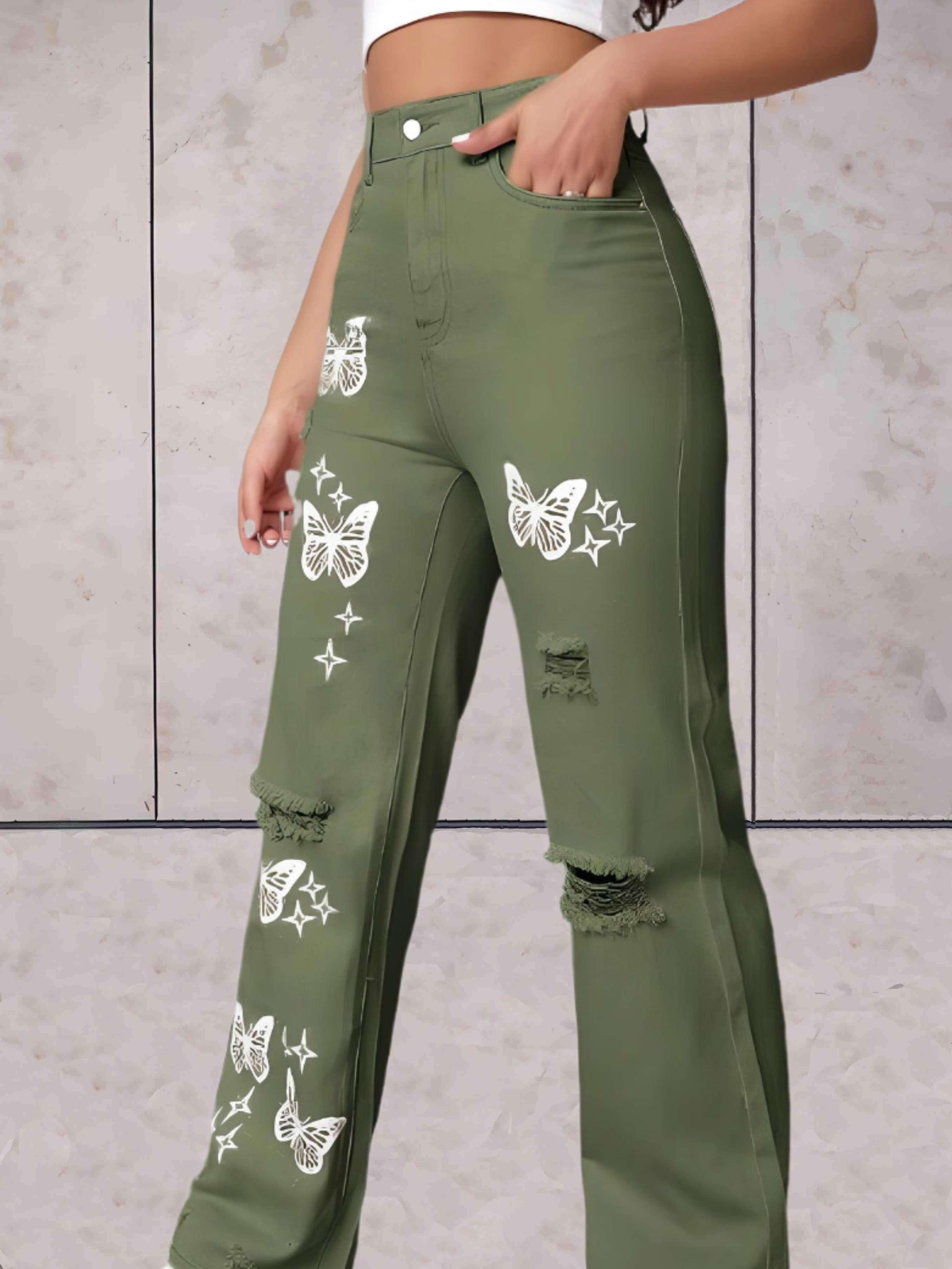 Ciara - Gescheurde jeans wijde pijpen met vlinders patroon - Sky-Sense