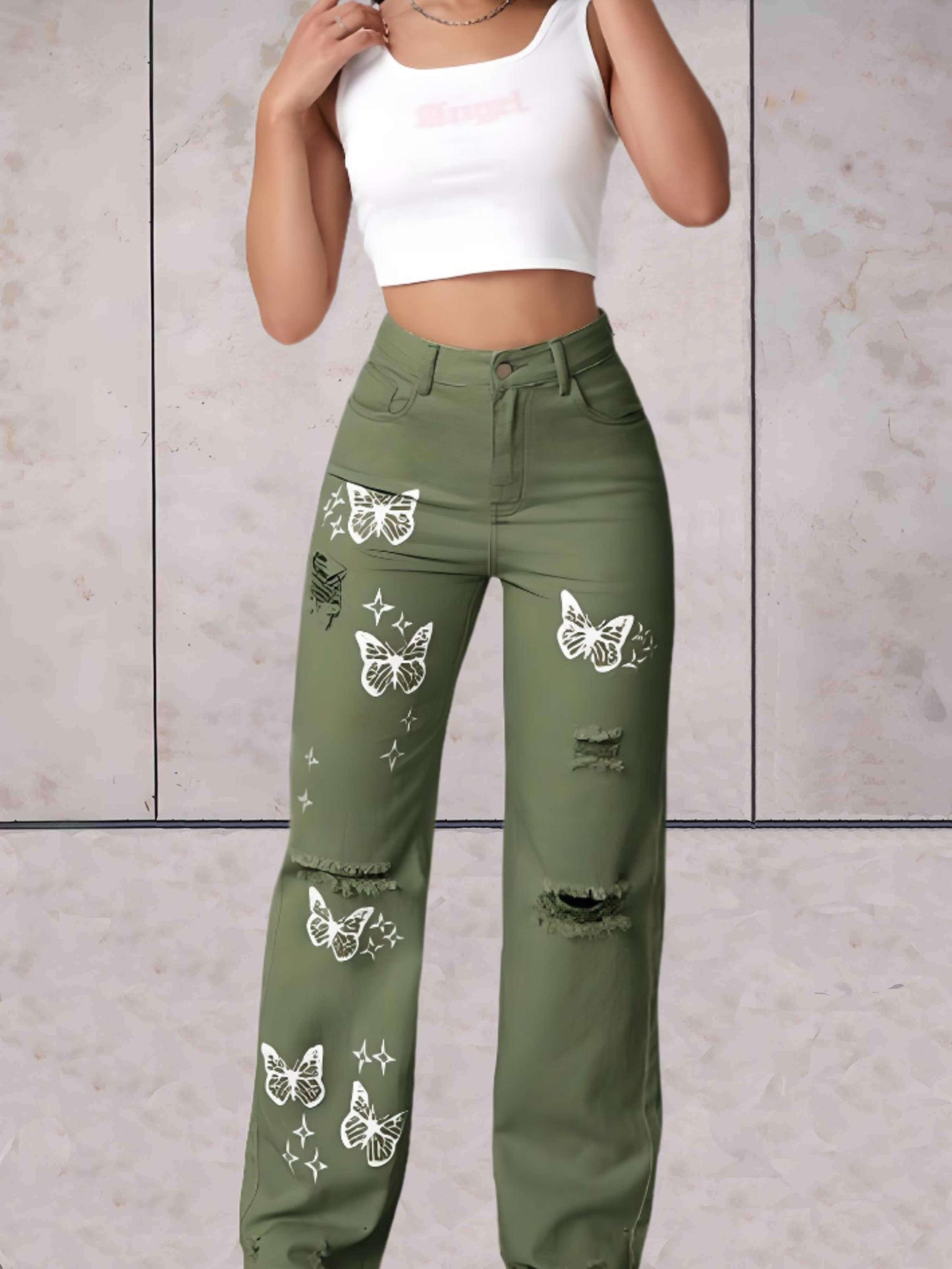 Ciara - Gescheurde jeans wijde pijpen met vlinders patroon - Sky-Sense