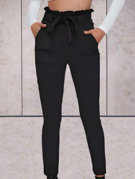 Clarissa - Zwarte mooi zittende broek met strikceintuur - Sky-Sense