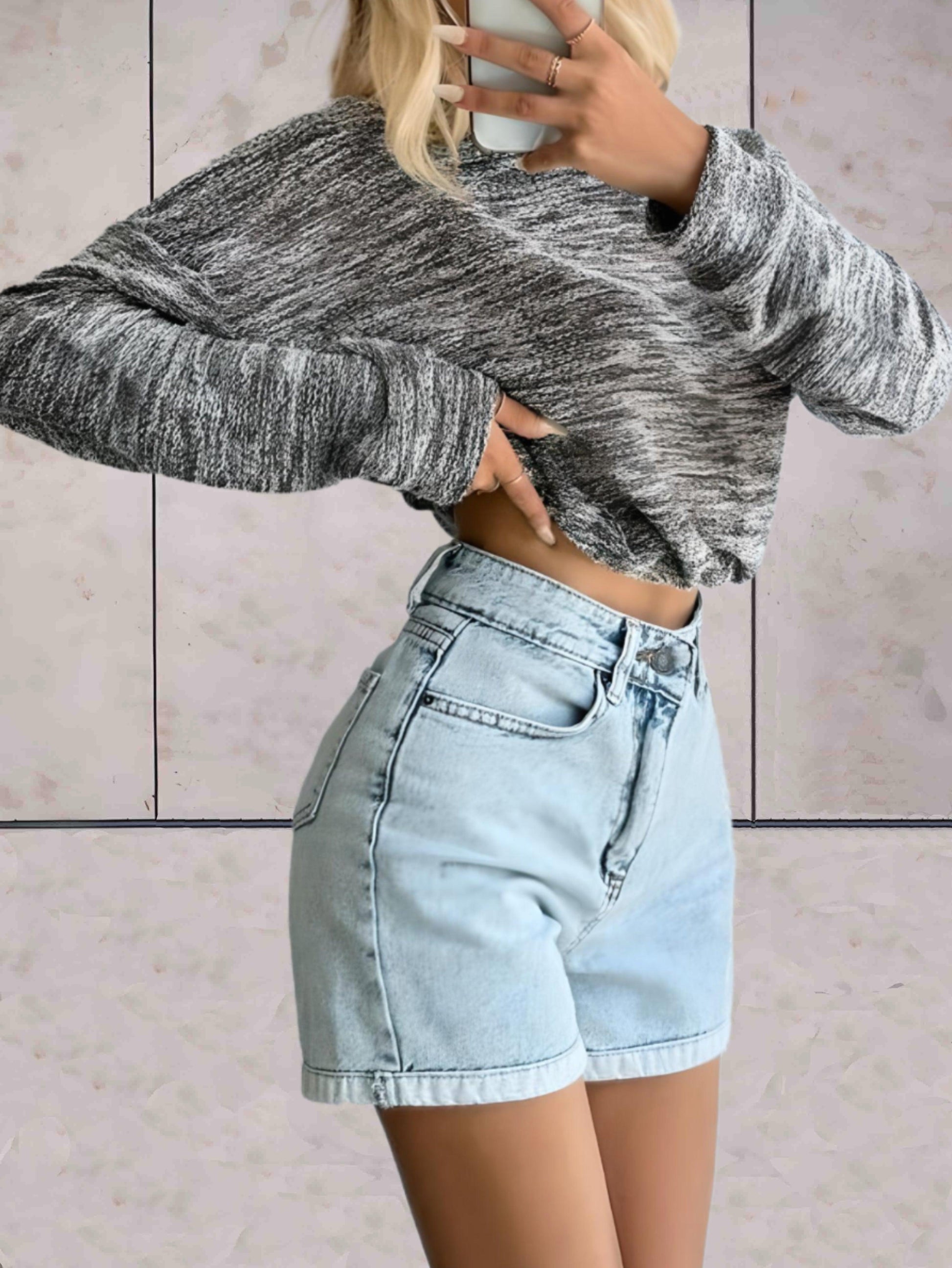 Eleanor - Grijze oversized cropped top sweater met polssluitende uiteinden - Sky-Sense