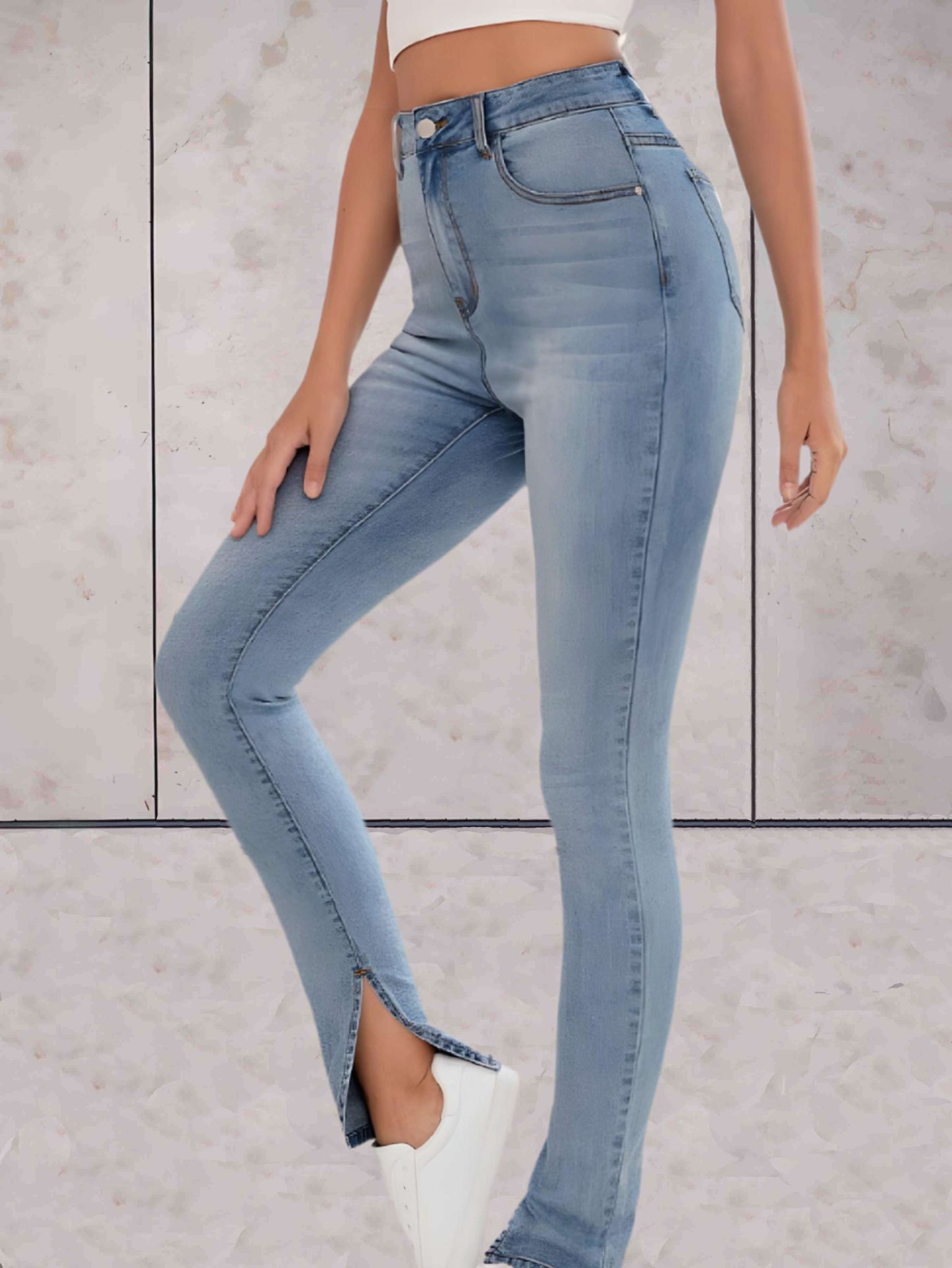 Exel - stijlvolle strakke skinny jeans met hoge taille, vier zakken en een splitdessin