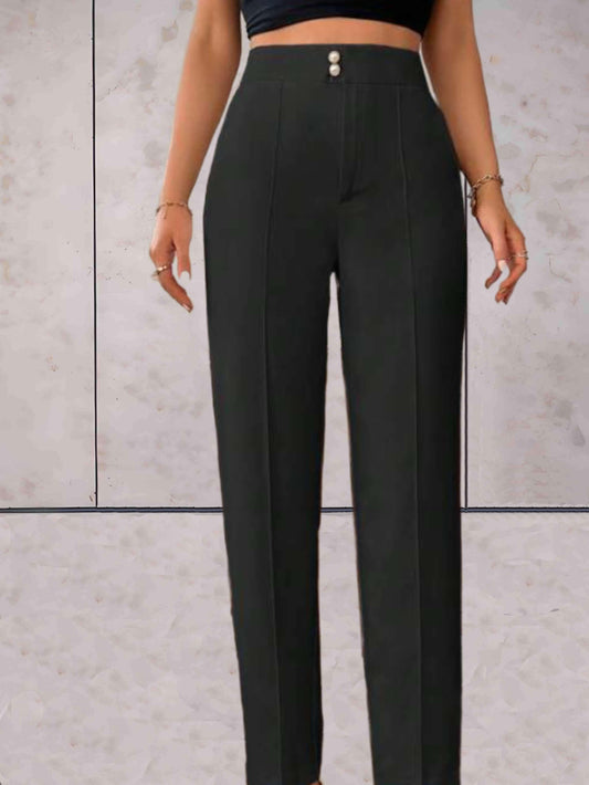 Franciene - Effen en chique broek met hoge taille mooi aansluitend met lijndesign op de pijpen - Sky-Sense