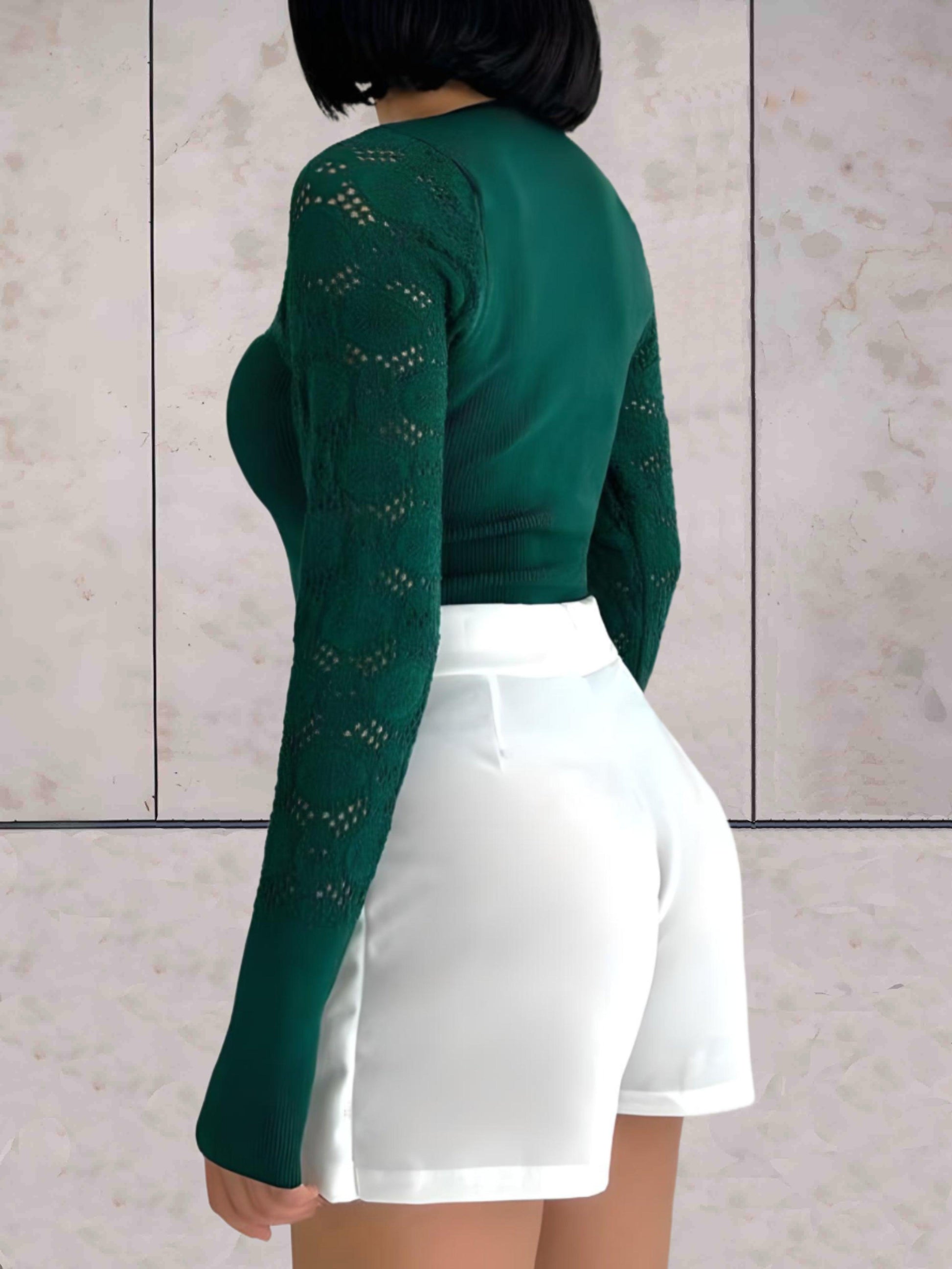 Jo - Groene bodycon sweater vierkante hals met kant en stippendessin op de mouwen - Sky-Sense
