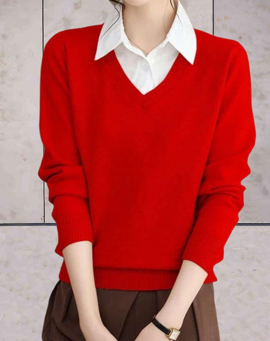 Kendall - Eenvoudige gebreide trui in één kleur met V-hals - Sky-Sense