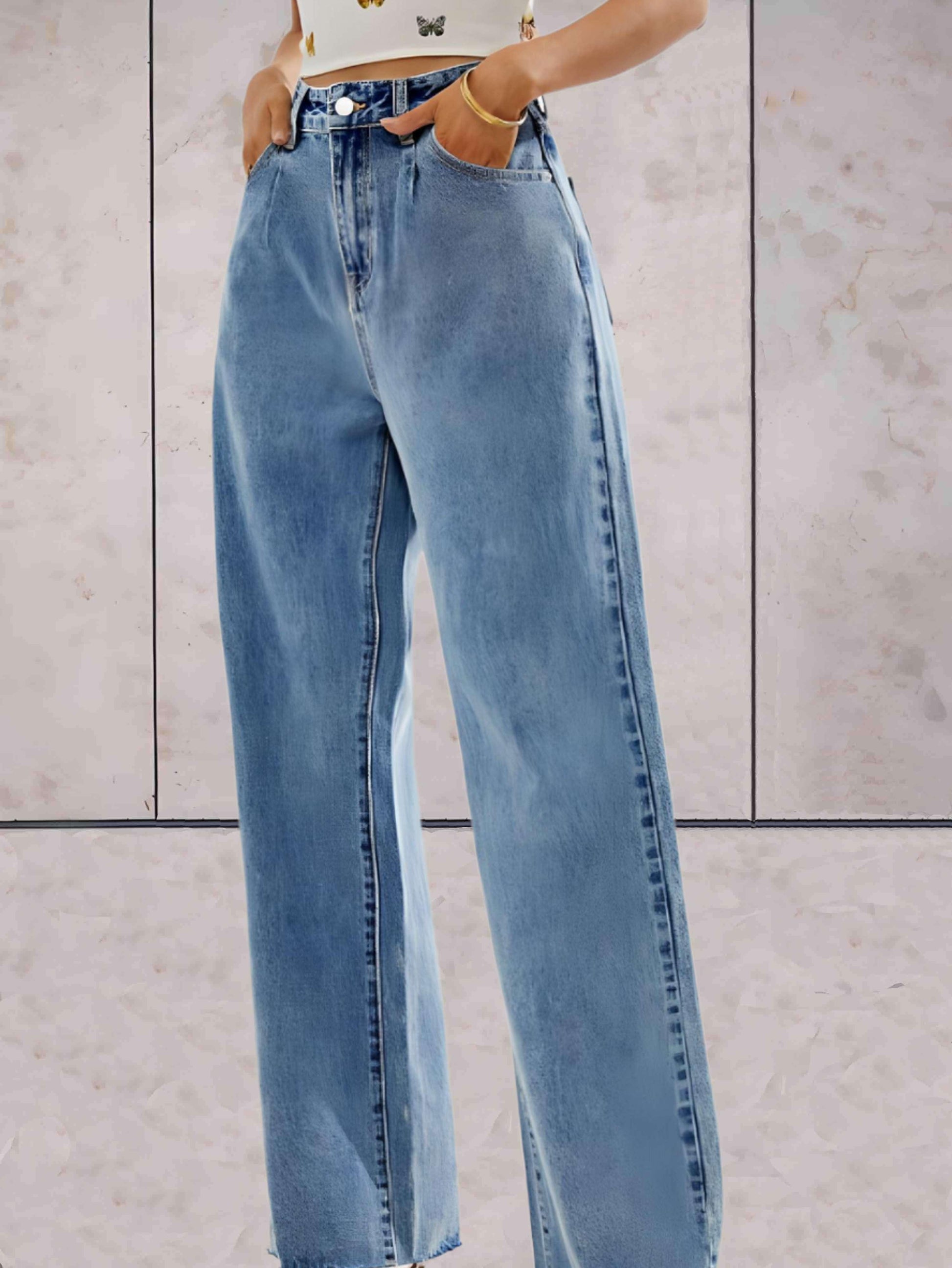 Lydia - Hoog getailleerde langwerpige classy jeans met wijde pijpen - Sky-Sense