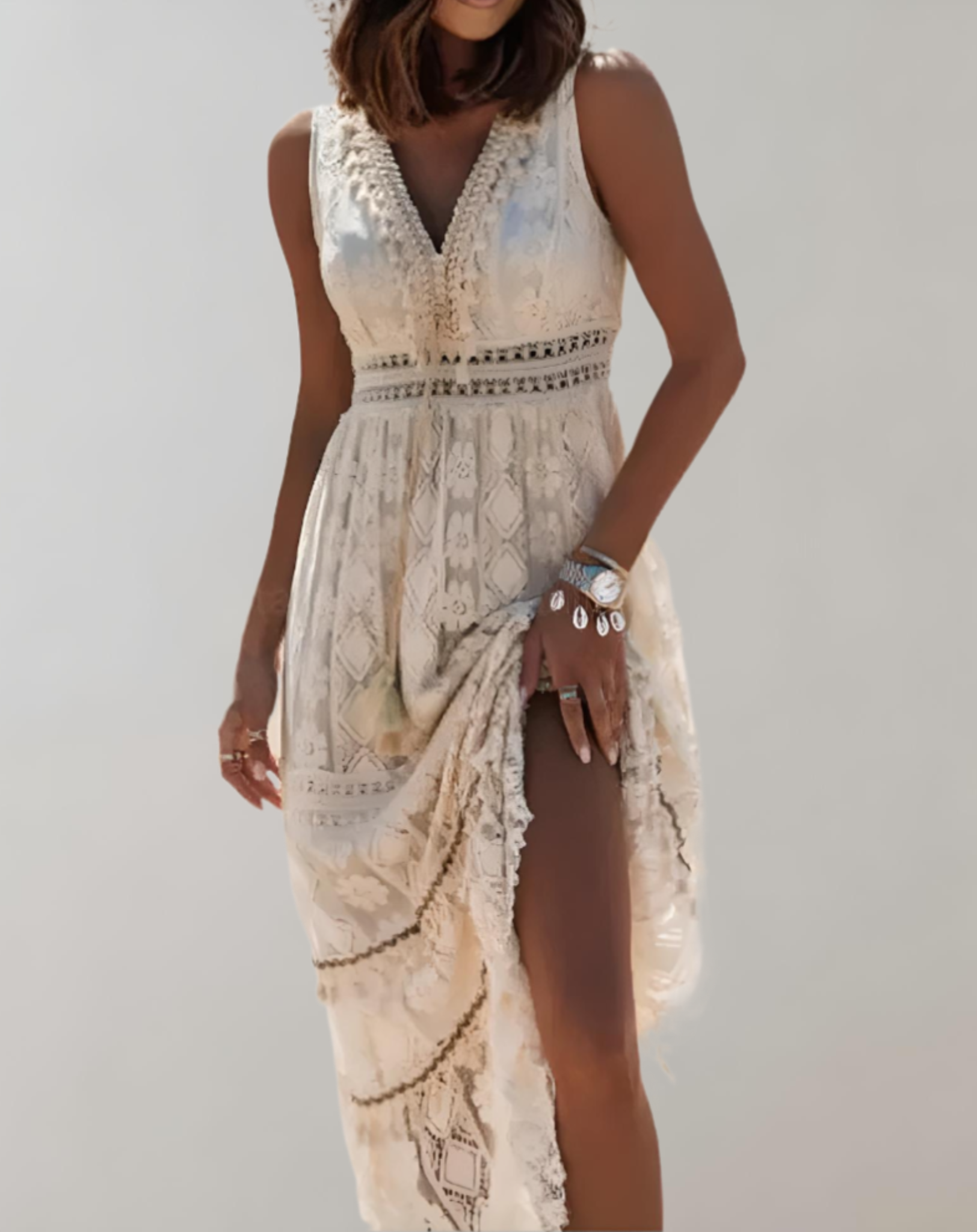 Yonah - Mouwloze kanten bohemian zomer maxi-jurk met V-hals en voering