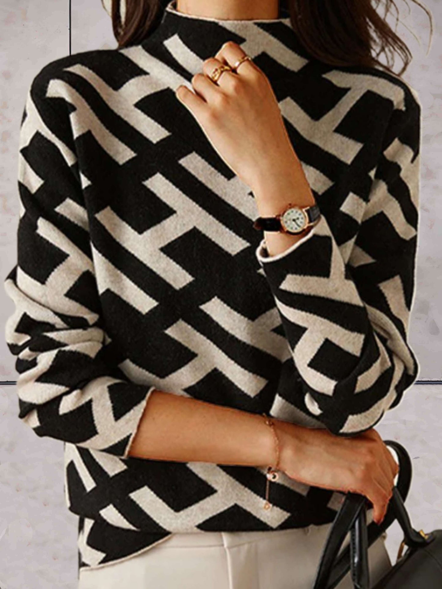 Name - elegante gebreide trui met Frans letterpatroon en hoge halslijn