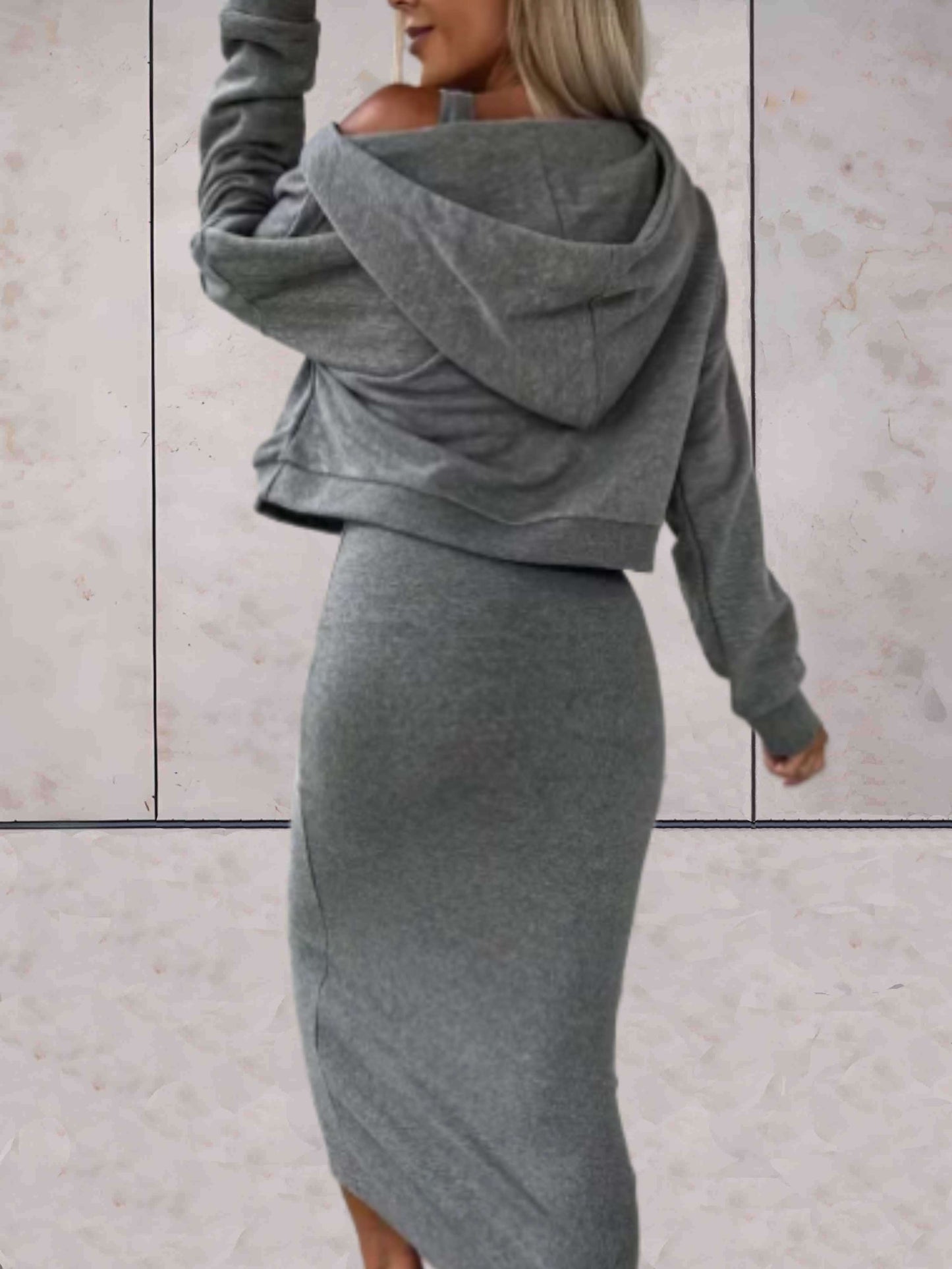 Pam - 2-delige set van v-hals hoodie en slim-fit mouwloze lange jurk in effen kleur