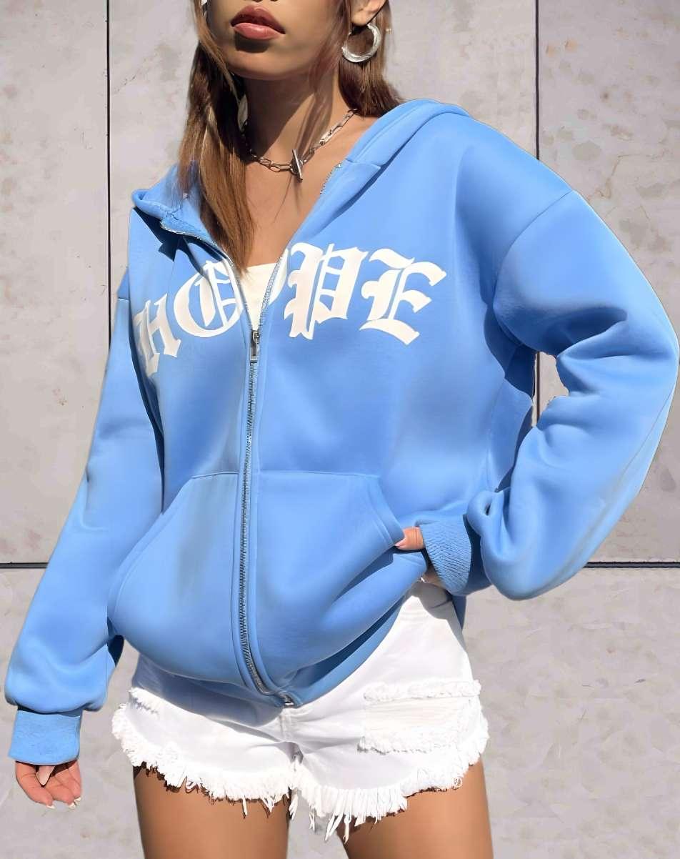 Reese - oversized hoodie met statement print, ingebouwde rits en twee zijzakken - Sky-Sense