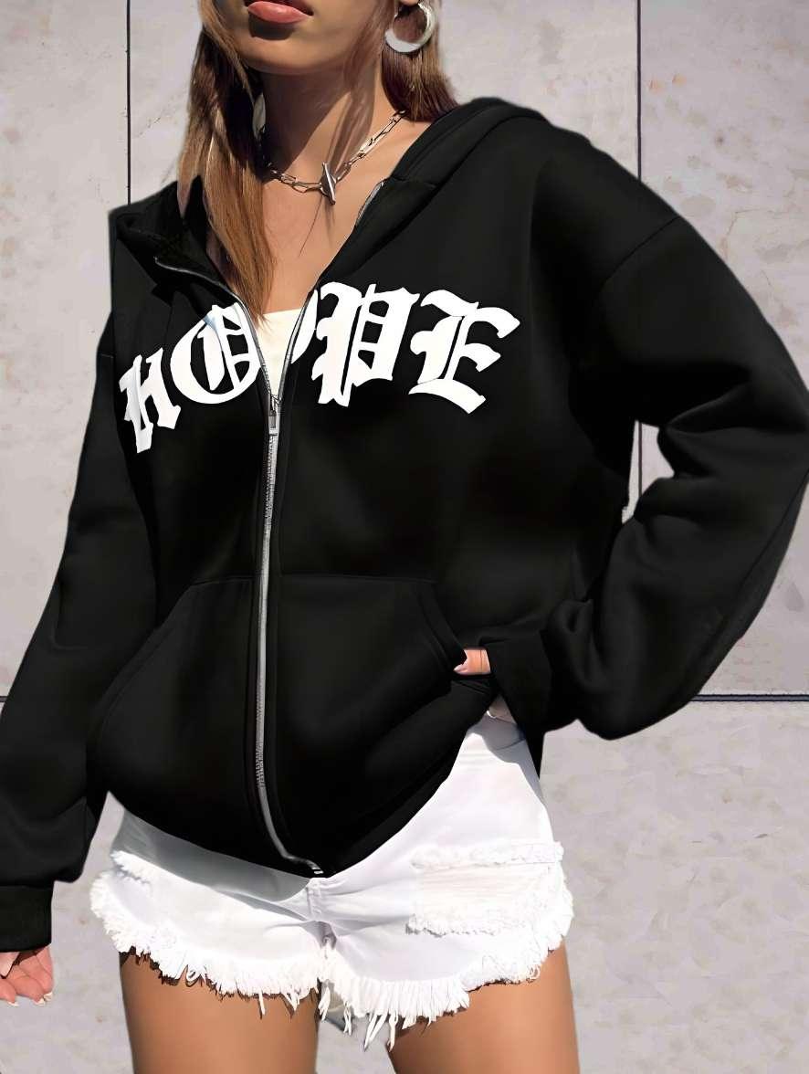 Reese - oversized hoodie met statement print, ingebouwde rits en twee zijzakken - Sky-Sense