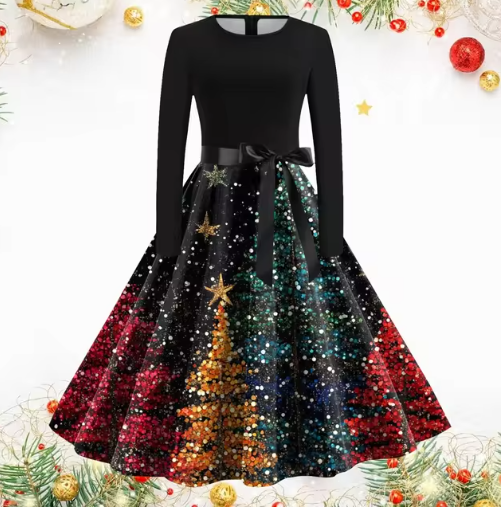 Vintage Kerstjurk met Kerstboomprint | Elegante Feestjurk voor Dames