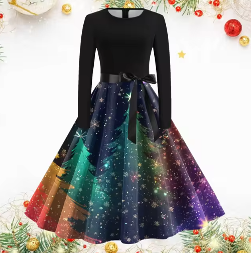 Vintage Kerstjurk met Kerstboomprint | Elegante Feestjurk voor Dames