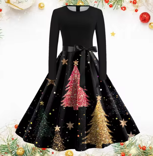 Vintage Kerstjurk met Kerstboomprint | Elegante Feestjurk voor Dames