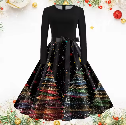 Vintage Kerstjurk met Kerstboomprint | Elegante Feestjurk voor Dames