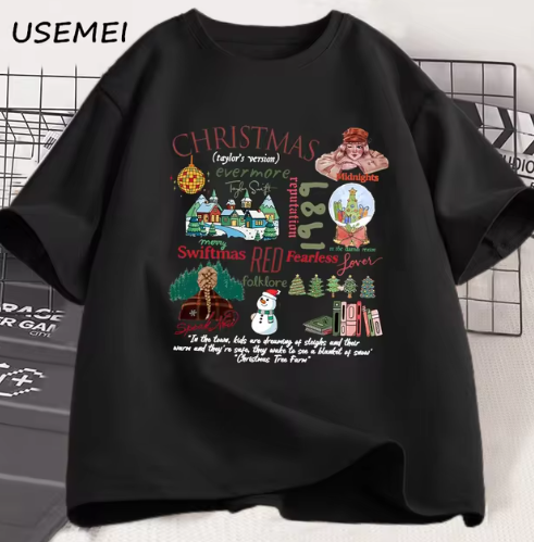 Retro Kerst T-Shirt met Vintage Illustraties - Perfect voor Feestdagen!