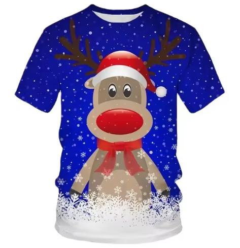 Kerstmis Heren T-shirt - Rode Feestelijke Print met Schattige Rendierdesign