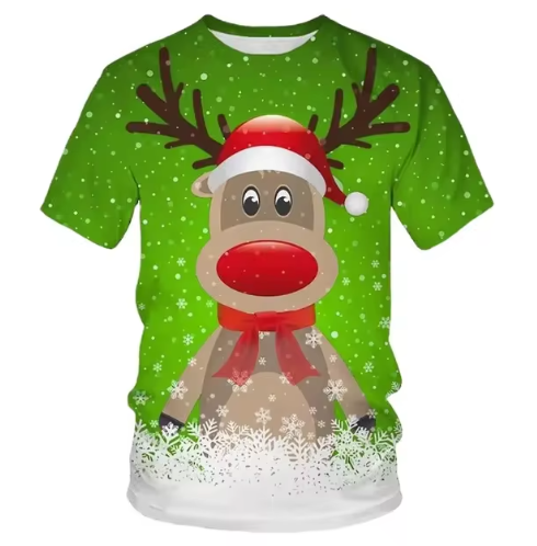 Kerstmis Heren T-shirt - Rode Feestelijke Print met Schattige Rendierdesign