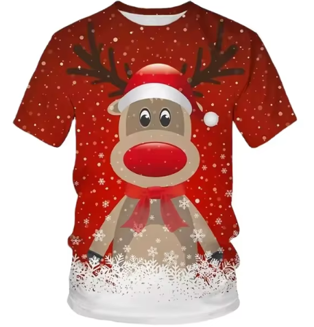 Kerstmis Heren T-shirt - Rode Feestelijke Print met Schattige Rendierdesign