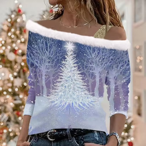 Kersttrui met Off-Shoulder Design  | Feestelijke Pullover met Glinsterende Kerstboom