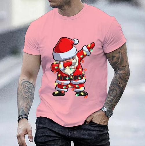 Kerst T-shirt Heren  | T-shirt met Dab Dansende Kerstman en Kerstverlichting