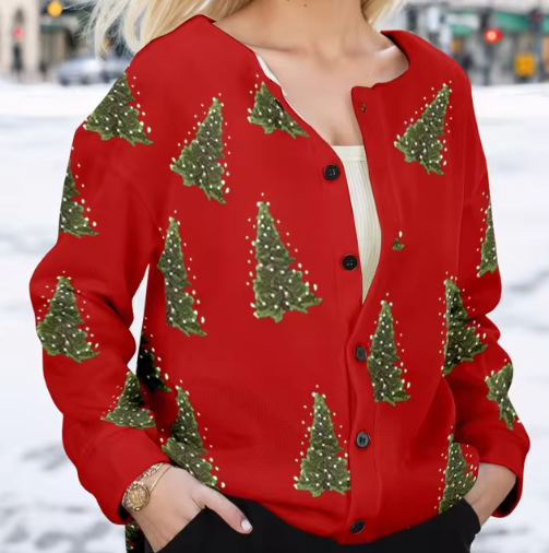 Kerst Cardigan Dames  | Knitted Vest met Kerstboom Print