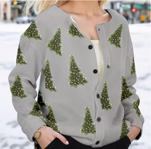 Kerst Cardigan Dames  | Knitted Vest met Kerstboom Print