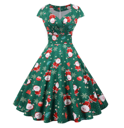 Kerstjurk Dames  | Retro Jurk met Kerstman Print en Elegante A-Lijn