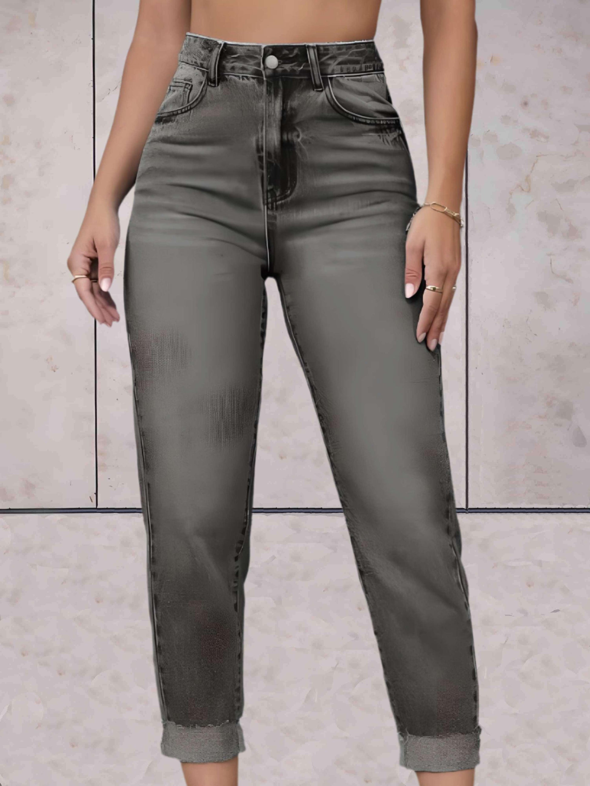 Tirzah - stijlvolle strakke jeans met hoge taille, voor- en achterzakken en een omgeslagen onderkant - Sky-Sense