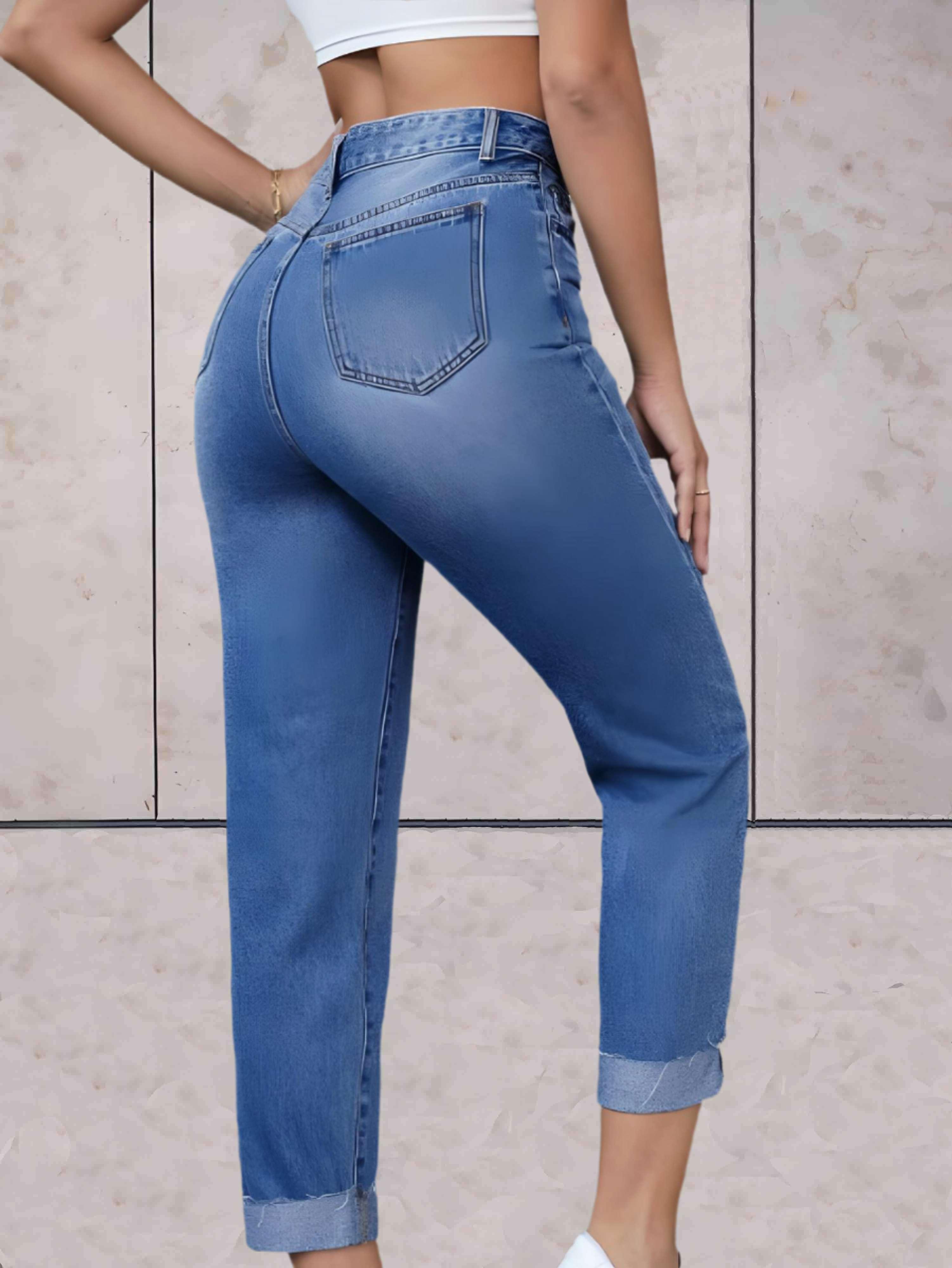 Tirzah - stijlvolle strakke jeans met hoge taille, voor- en achterzakken en een omgeslagen onderkant - Sky-Sense