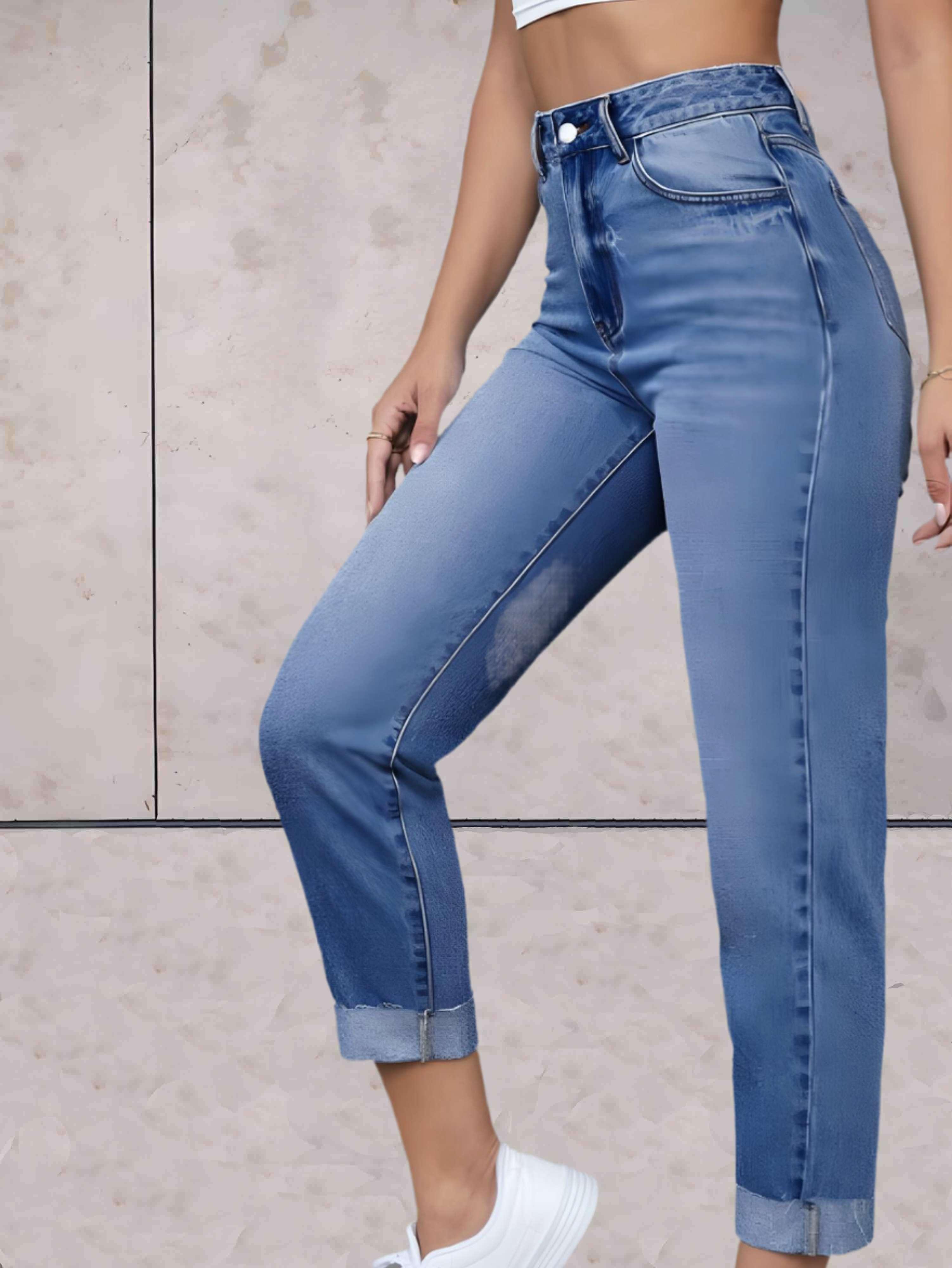 Tirzah - stijlvolle strakke jeans met hoge taille, voor- en achterzakken en een omgeslagen onderkant - Sky-Sense